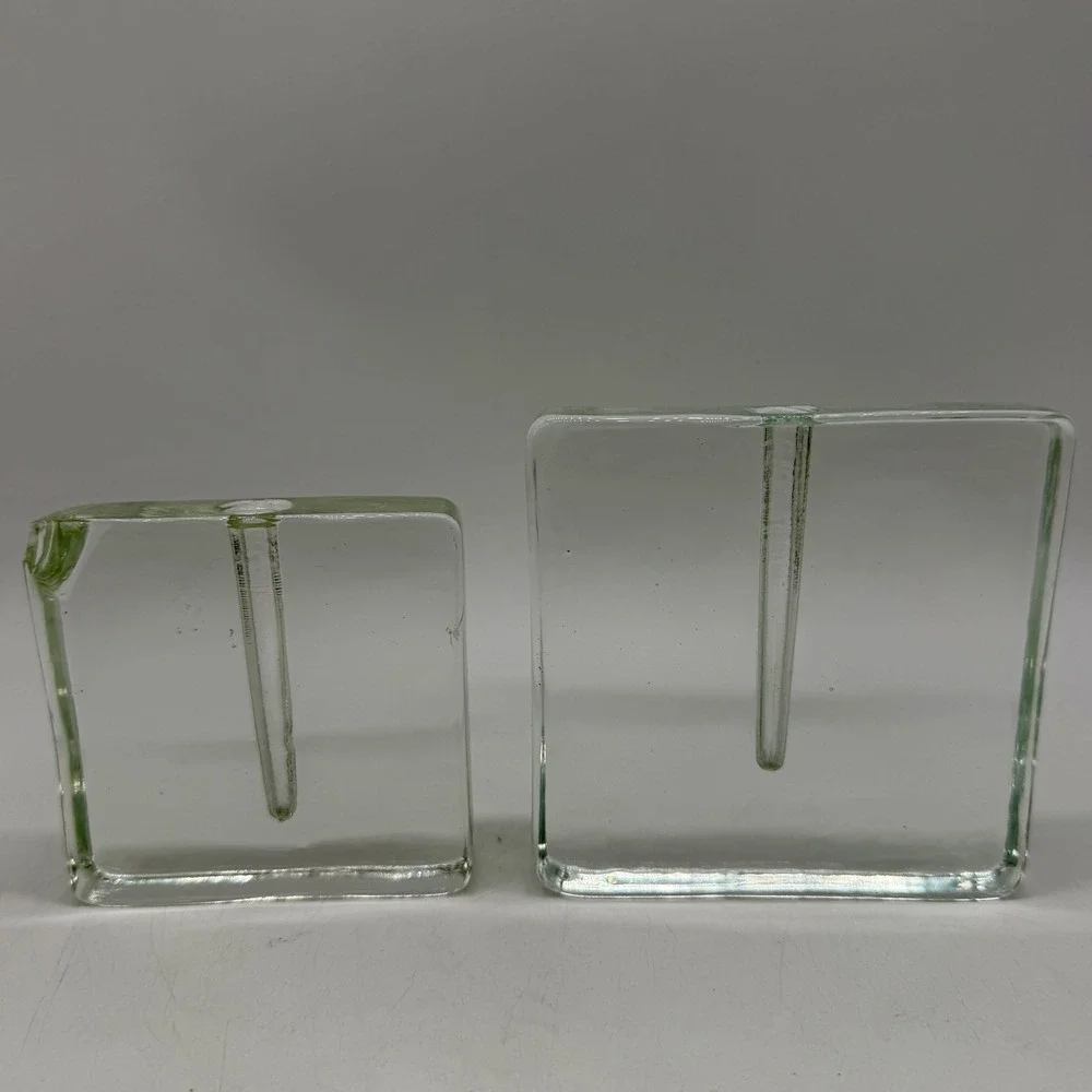 Set of 2 Square Glass Block Bud Vases Minimalist Green Tint Chipped Good